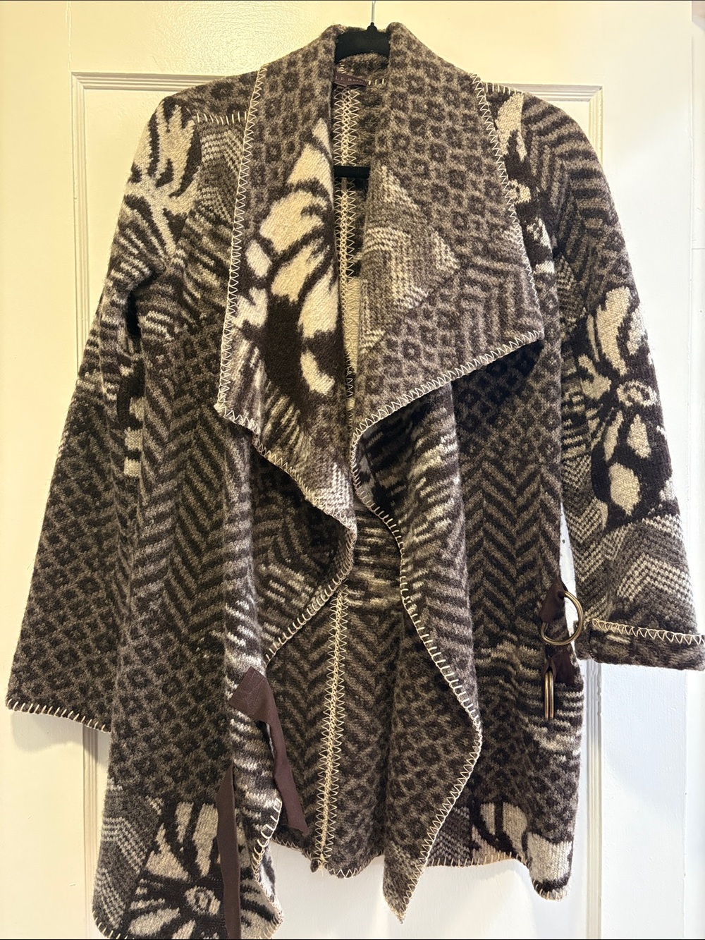 Hale Bob Grey and Black Patterned Open-Front Draped Cardigan